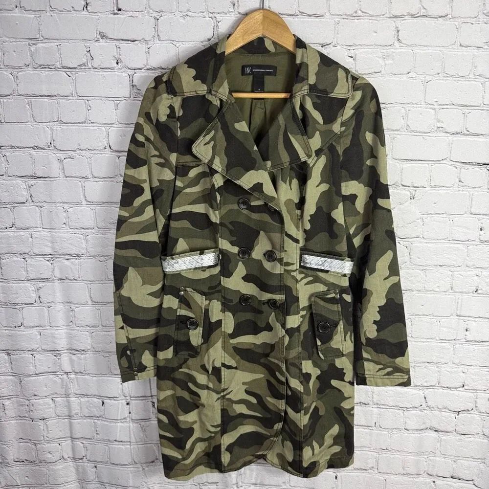 INC International Concepts Camouflage Sequin Trench Coat NWOT